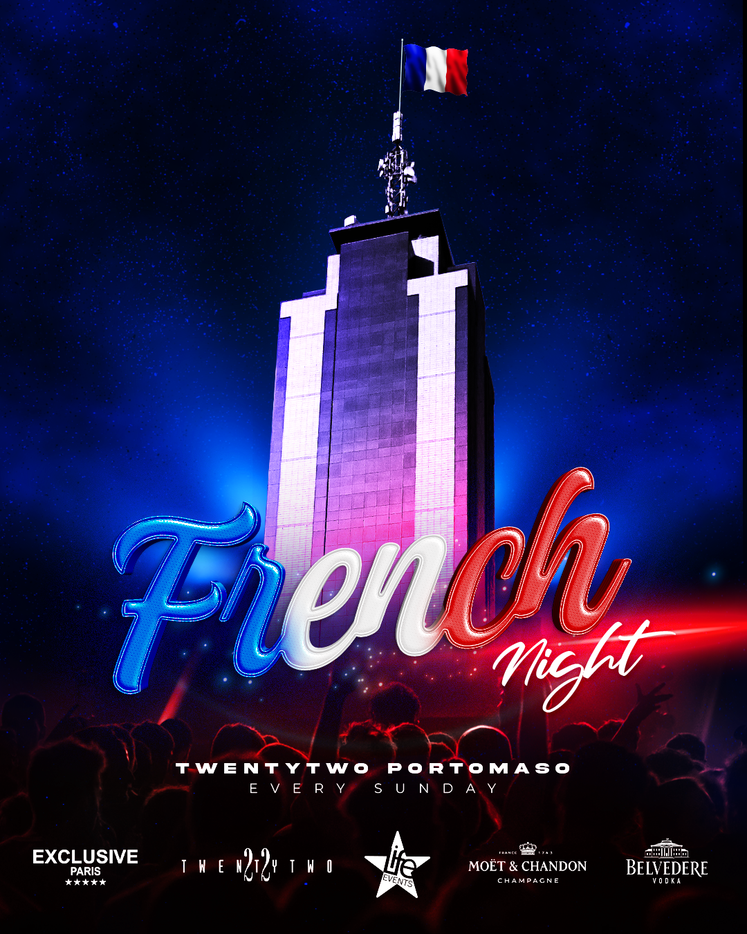 Promotional image for Twentytwo French Night featuring the Portomaso Tower with French flag, text indicating the event details, and a vibrant blue and pink color scheme.