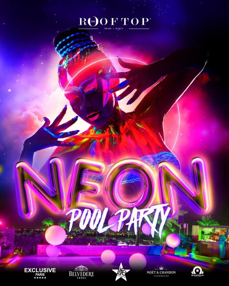 Promotional poster for a neon pool party at a rooftop with vibrant colors and text.