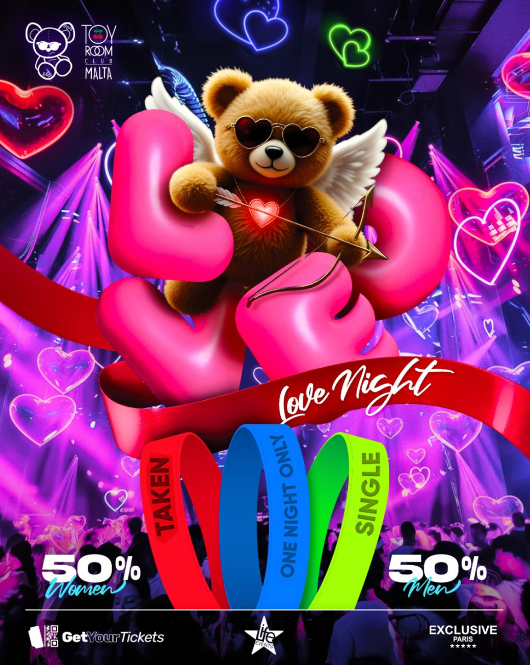 Promotional poster for a 'Love Night' event with a teddy bear, hearts, and colorful ribbons.