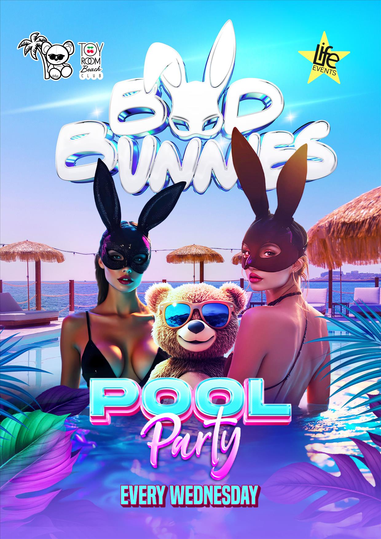 Promotional poster for BAD BUNNIES POOL PARTY featuring two individuals in bunny ears and a teddy bear, set against a poolside background with palm trees.