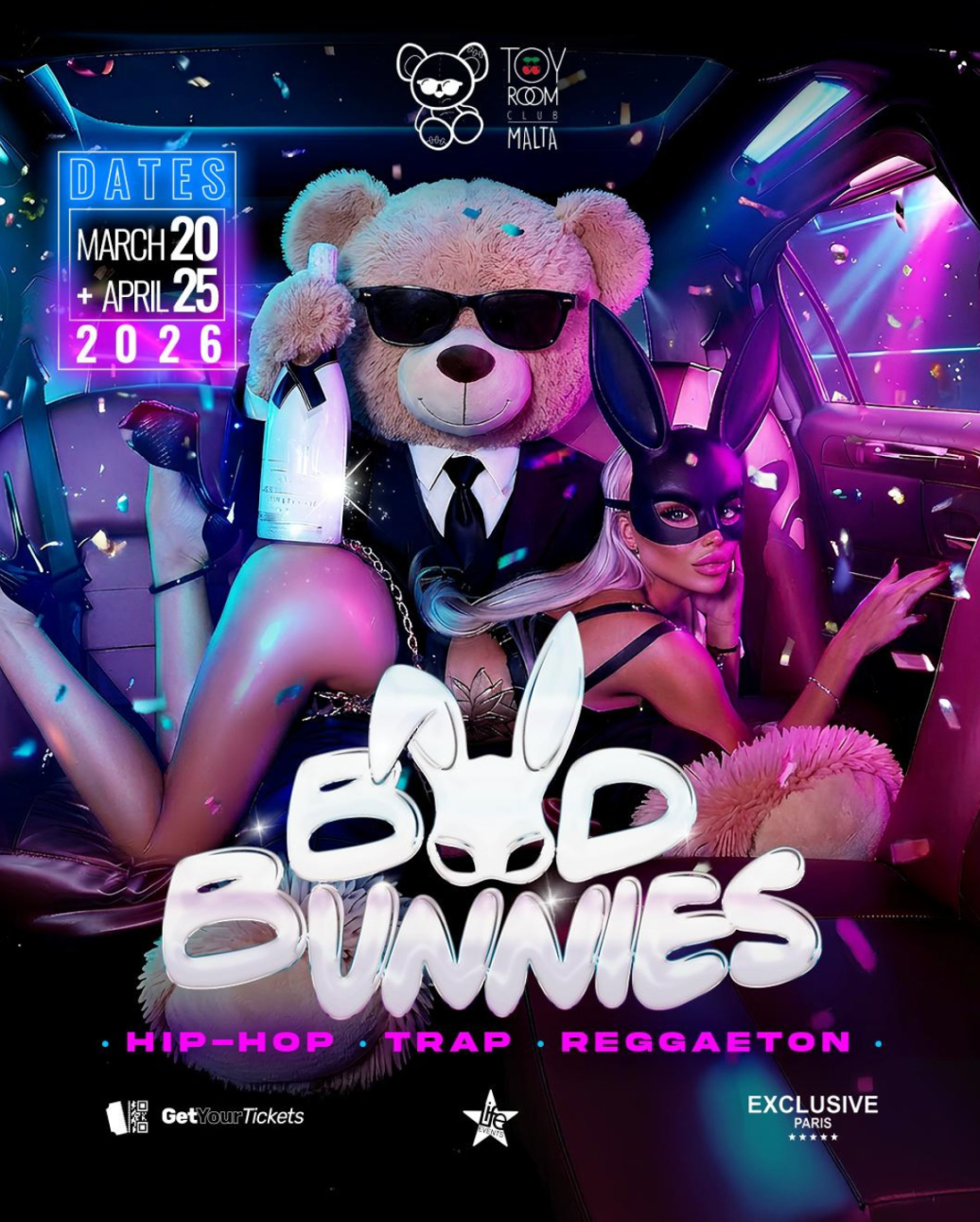 Promotional poster for 'Bad Bunnies' event featuring a teddy bear and a person in bunny ears and mask, with event dates displayed.