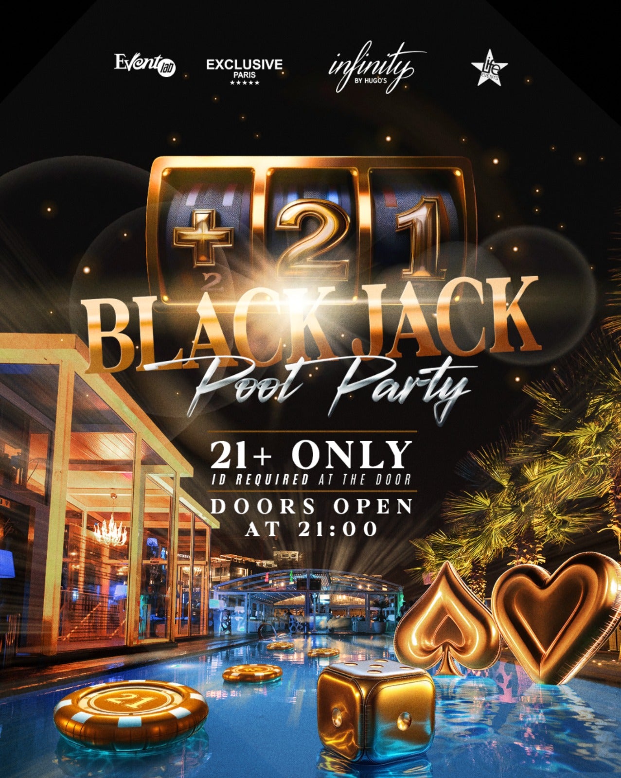 Promotional image for the +21 Black Jack Pool Party featuring a gold and black color scheme with playing card symbols, text, and logos for the event details.