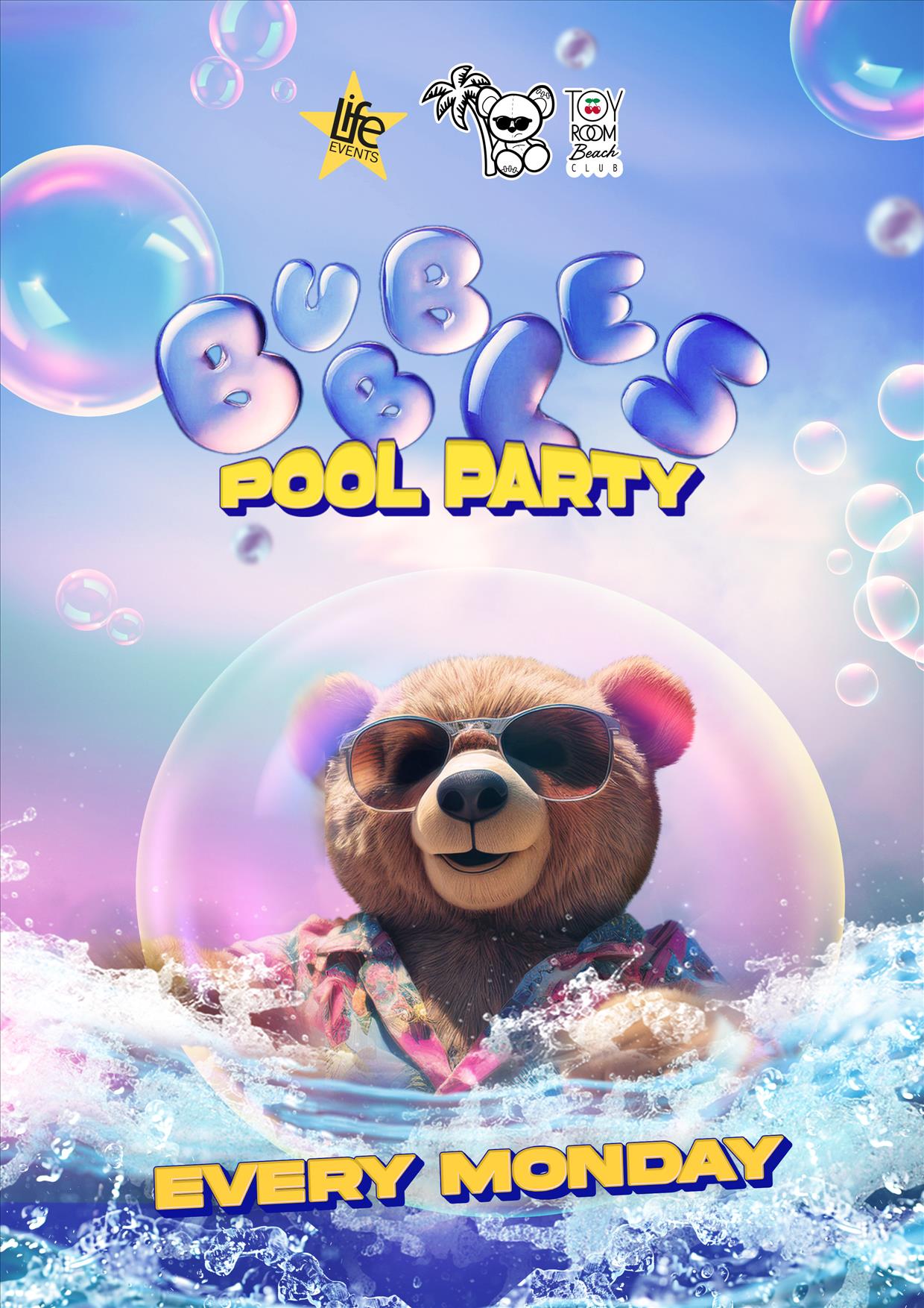 Promotional poster for BUBBLES POOL PARTY featuring an animated bear wearing sunglasses in a pool with numerous bubbles floating around.
