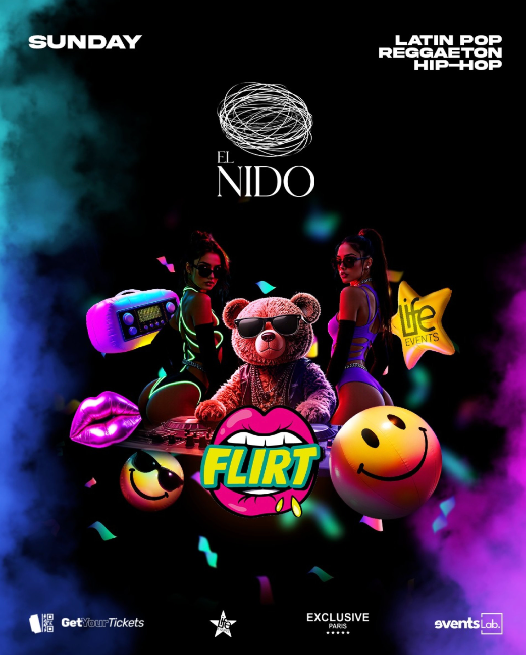 Promotional poster for 'El Nido' featuring a teddy bear with sunglasses, colorful text, and graphics on a dark background.