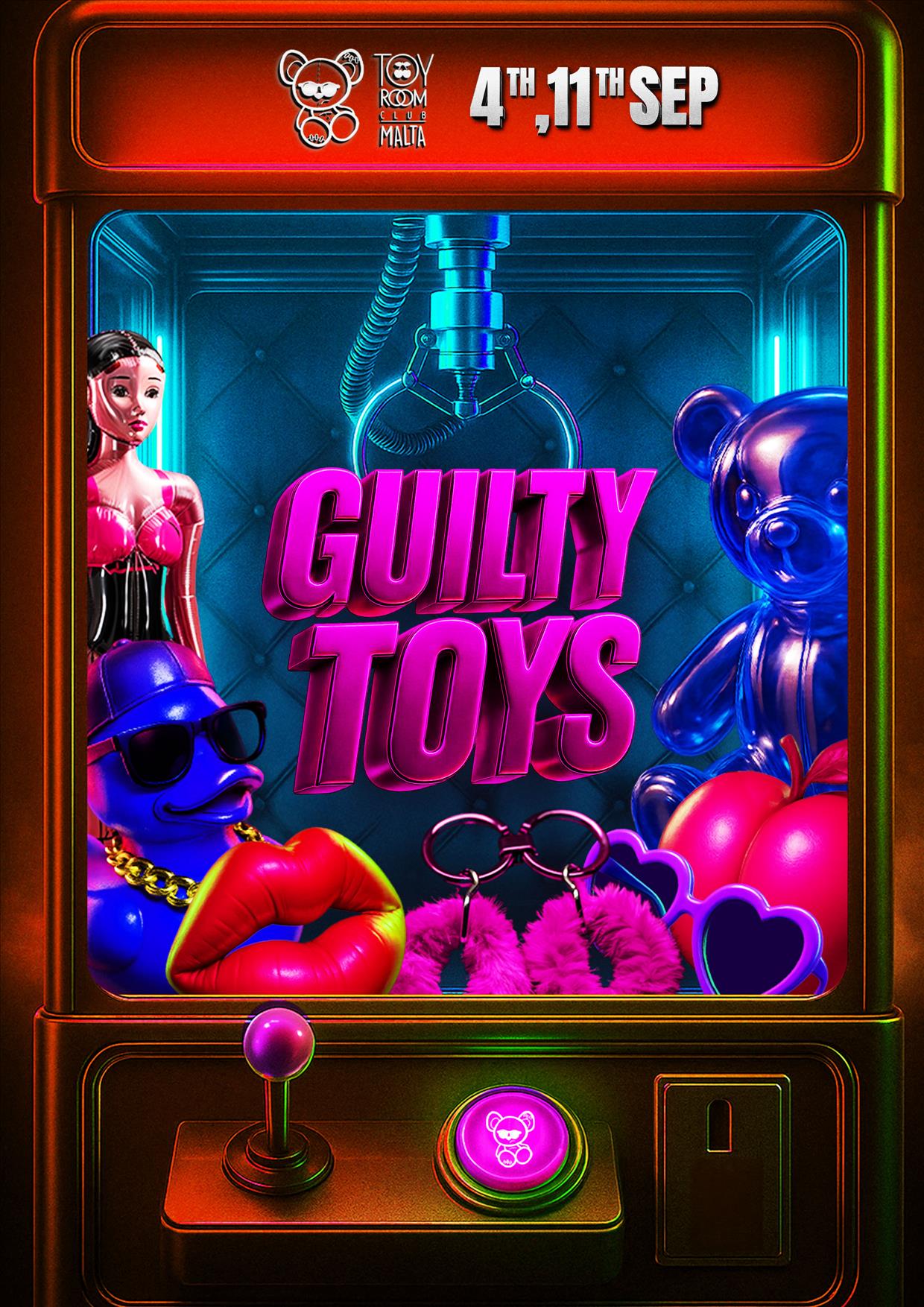 Gumball machine-themed promotional poster for 'Guilty Toys' with colorful graphics and text.