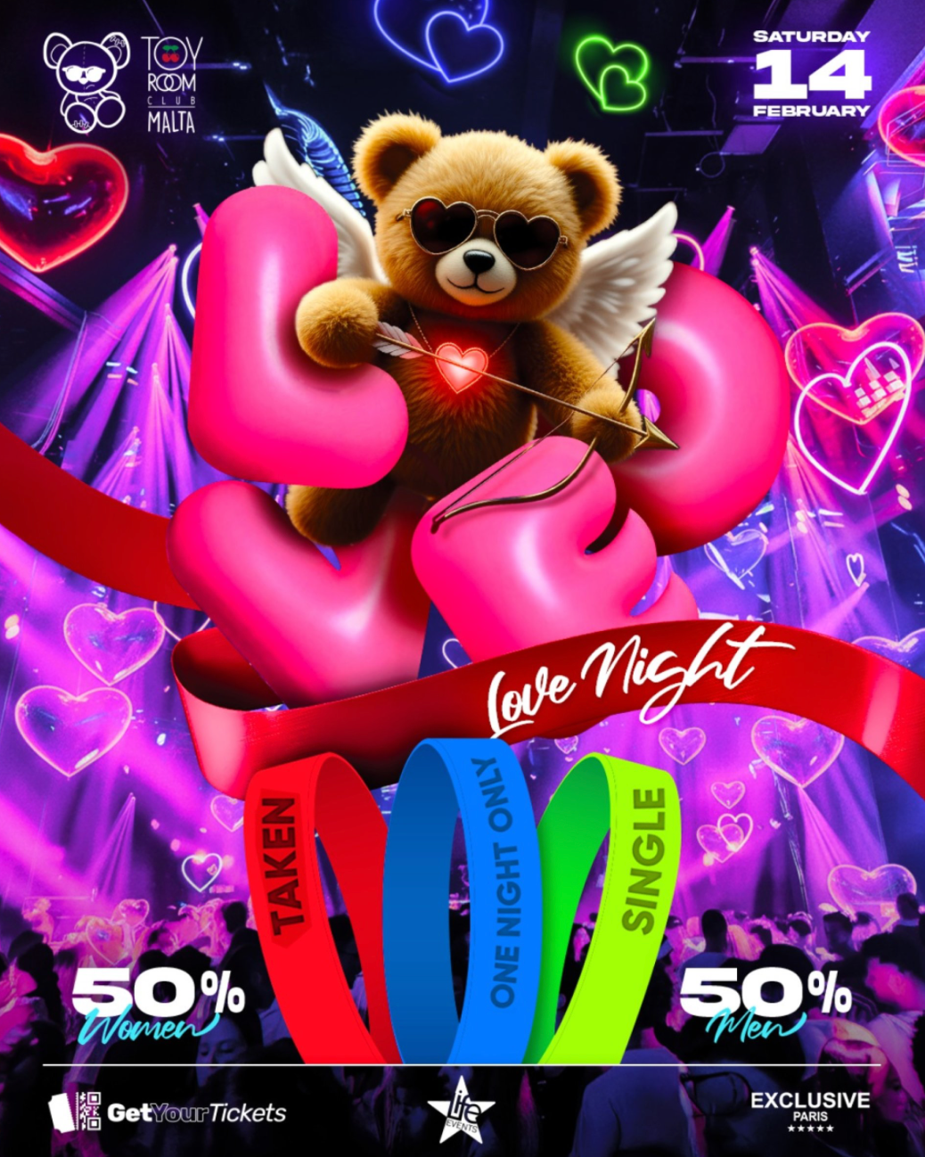 Promotional poster for a 'Love Night' event with a teddy bear holding a heart and arrow, surrounded by hearts and colorful ribbons.
