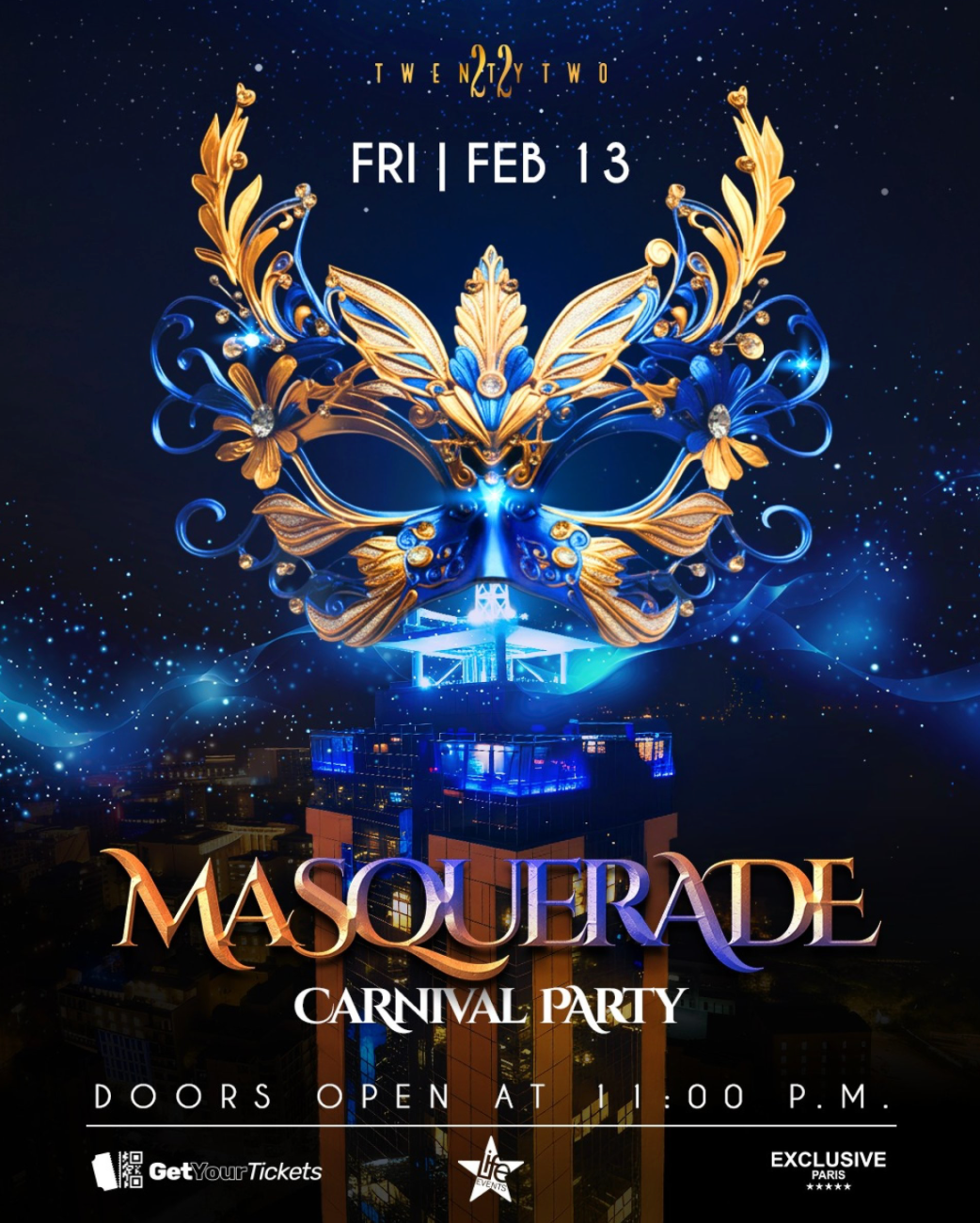 Masquerade carnival party flyer with ornate mask and cityscape background