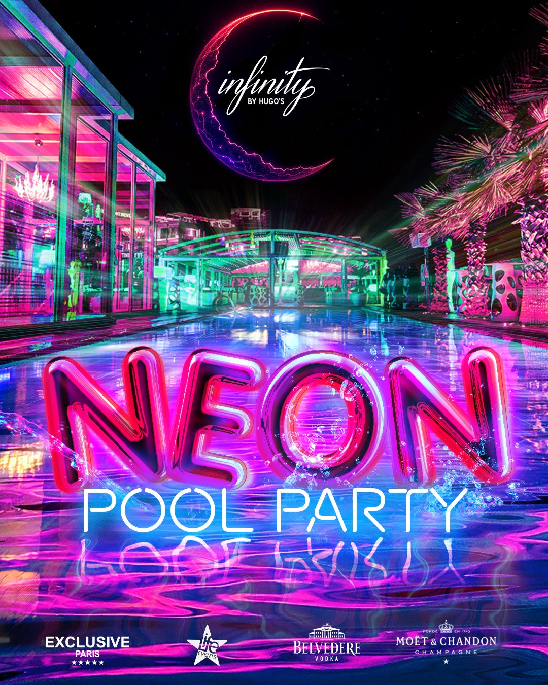 Promotional image for NEON POOL PARTY INFINITY featuring vibrant neon lights, text, and a rooftop pool setting.