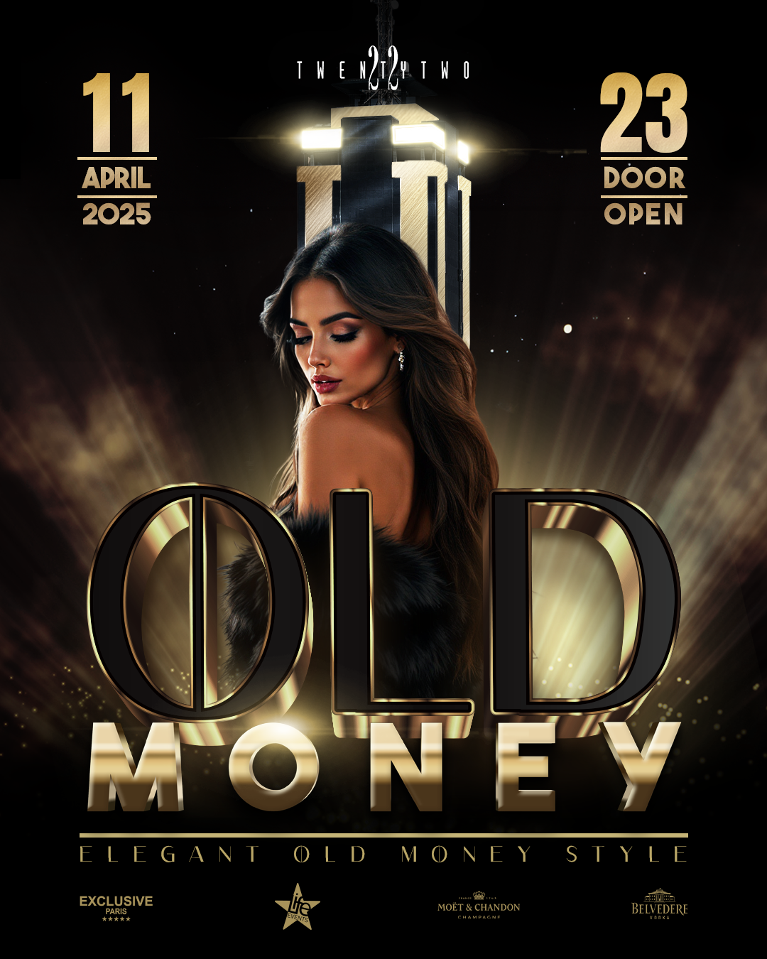 Event poster for 'Old Money' at TwentyTwo Malta featuring a woman in a black dress, with elegant typography and a glamorous ambiance.