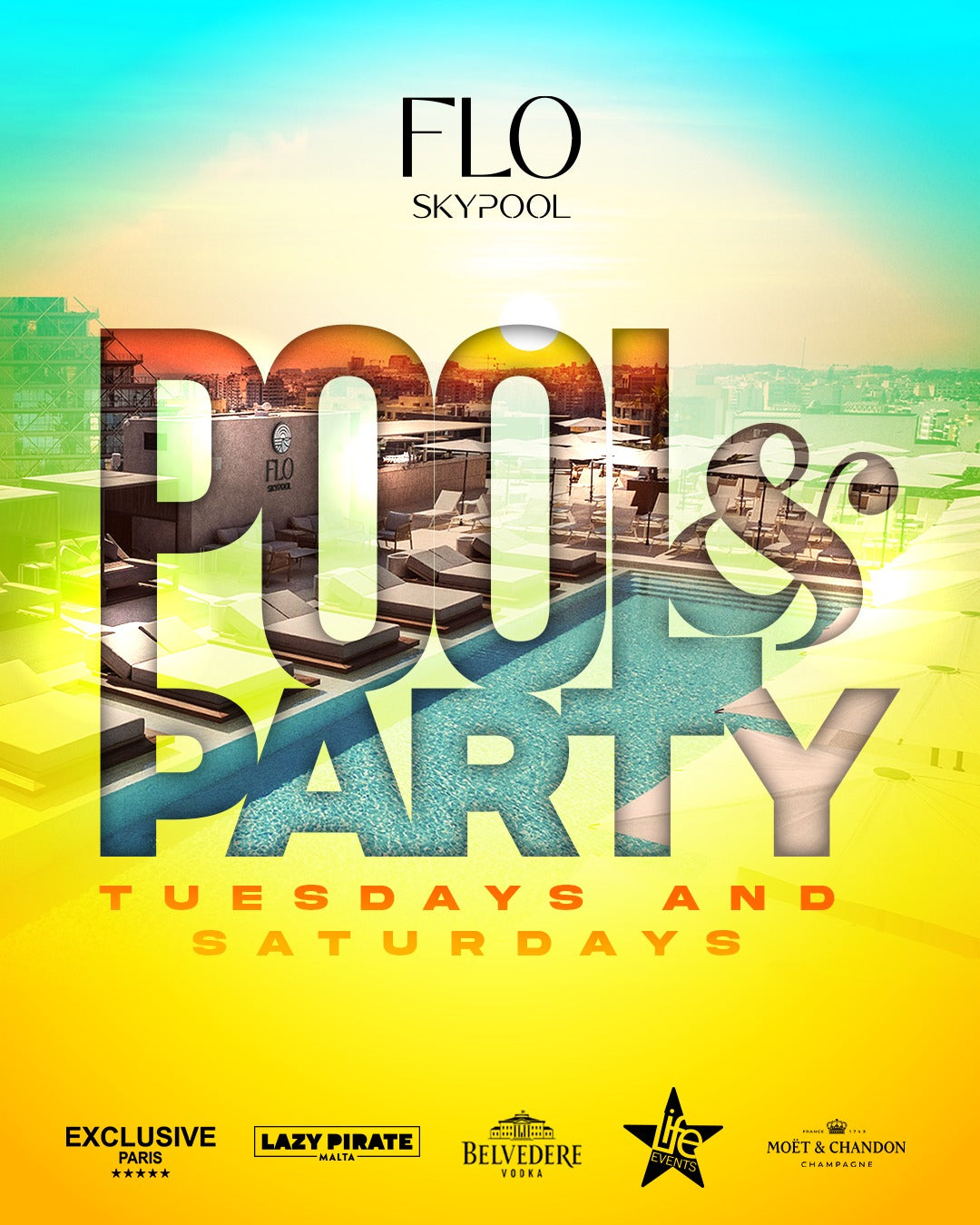 Promotional poster for FLO Pool Party featuring text and graphical elements related to the event, such as a sunset and a pool.