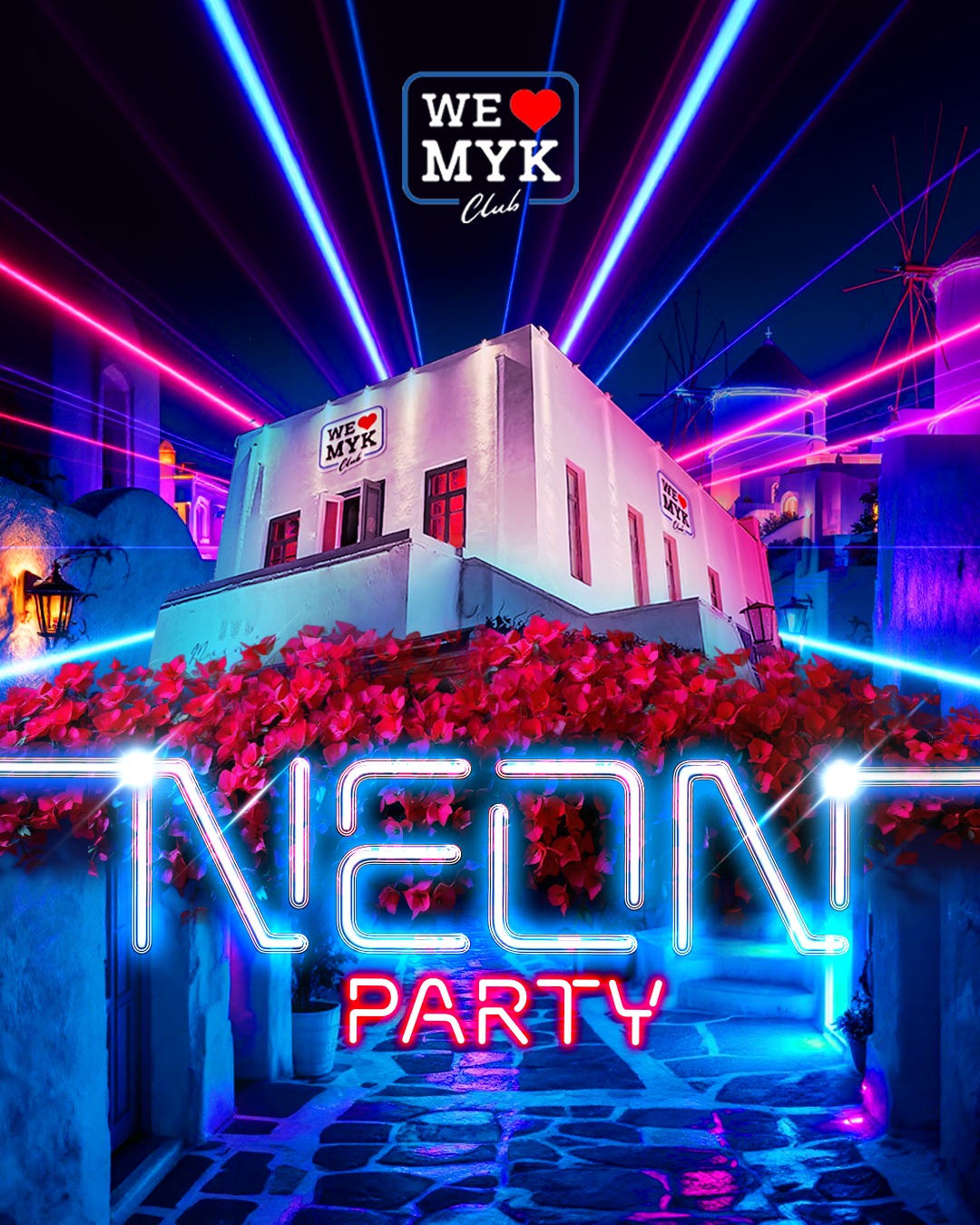 Neon-lit building with 'WE LOVE MYK' sign and 'NEON PARTY' text, surrounded by pink flowers.