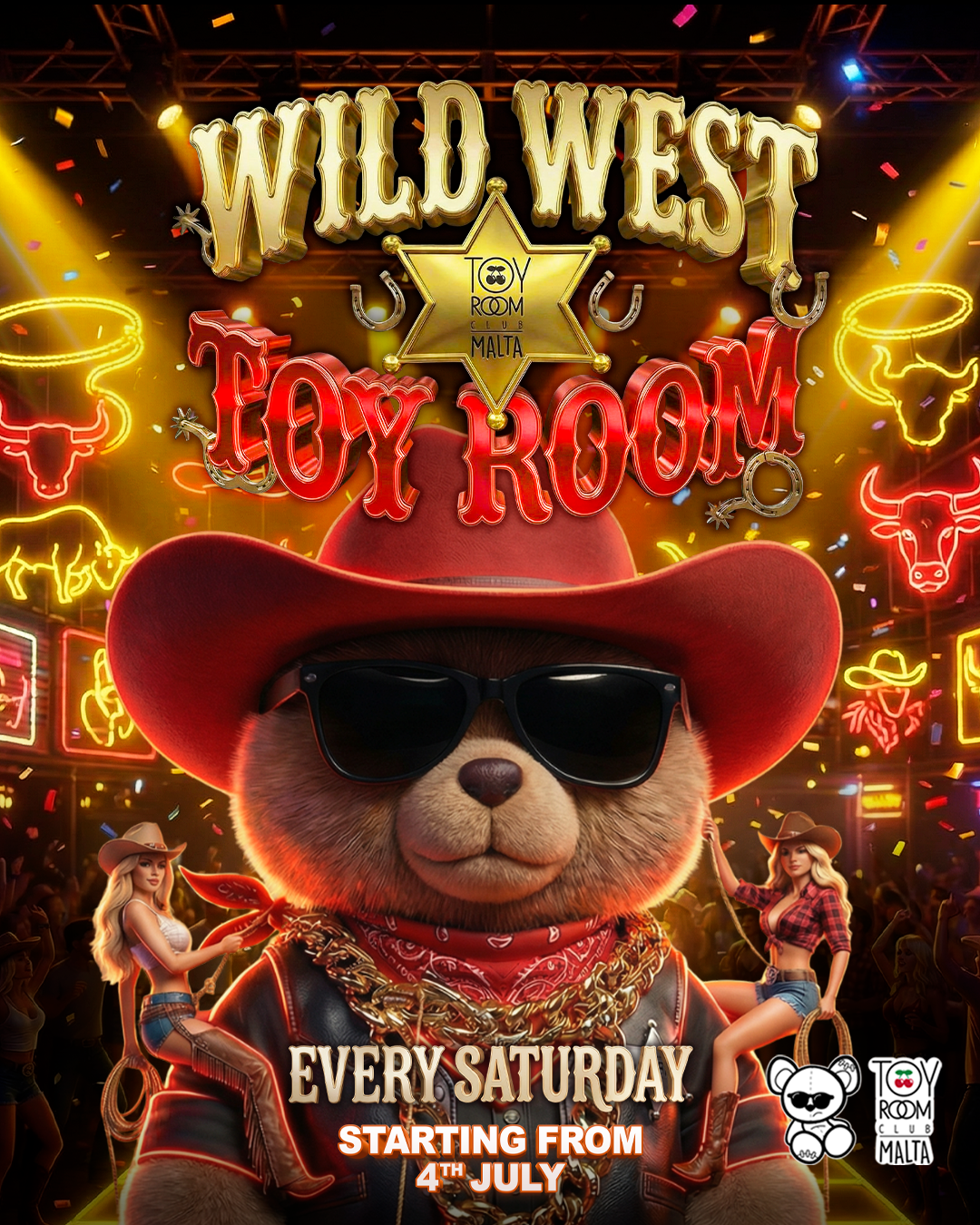 Promotional poster for 'Wild West Toy Room' with a teddy bear in cowboy attire and neon lights.