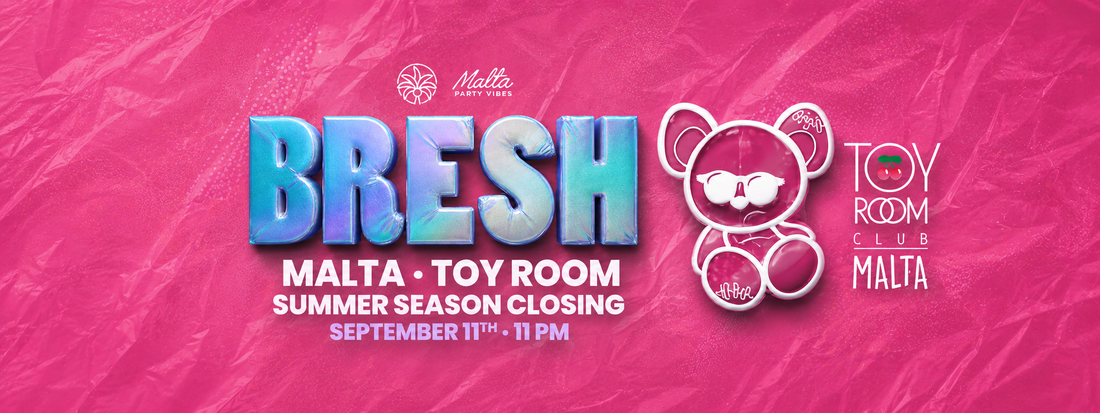 Banner BRESH Malta in Pink mit Teddybär-Maskottchen zum Abschluss der Sommersaison im Toy Room am 11. September