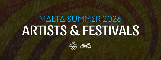 Titel Malta Summer 2026 Artists & Festivals über einem olivgrünen Graffitimuster von Malta Party Vibes