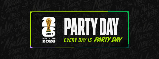 Banner zum Party Malta Cup 2026 mit goldenem Pokal und dem Slogan Every Day Is Party Day in Neongrün