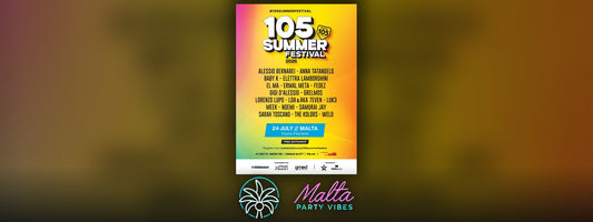 Line-up-Poster des 105 Summer Festival 2026 für den 24. Juli auf dem Fosos Floriana, mit dem Logo von Malta Party Vibes