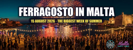 Banner zu Ferragosto auf Malta: Feuerwerk über einer beleuchteten Bucht, während eine Menge am Strand tanzt, 15. August 2026