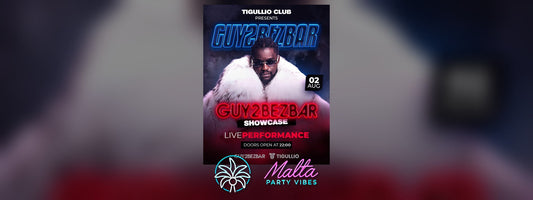Guy2Bezbar im weißen Pelzmantel auf einem Flyer des Tigullio Club für seinen Live-Showcase am 02. August