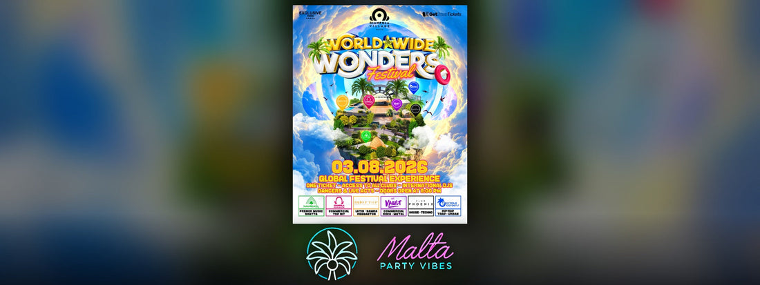 Cartel del World Wide Wonders Festival con la ilustración de un globo con islas tropicales y la fecha 03.08.2026