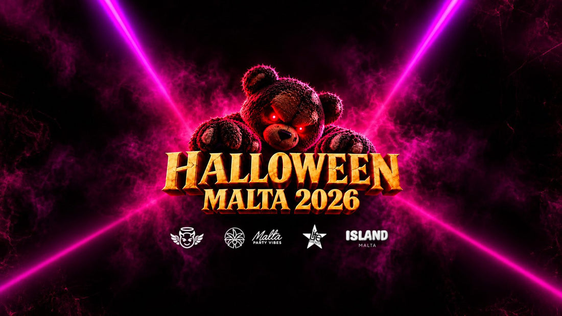 Halloween Malta 2026 poster with the red-eyed teddy bear and pink lasers: the Halloween party weekend in Paceville, 30–31 October