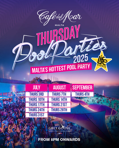 Promotional image for Café del Mar Thursday Pool Parties in Malta, featuring a vibrant graphic with text detailing the event name, dates, and DJs, against a colorful backdrop of a sunset beach scene.