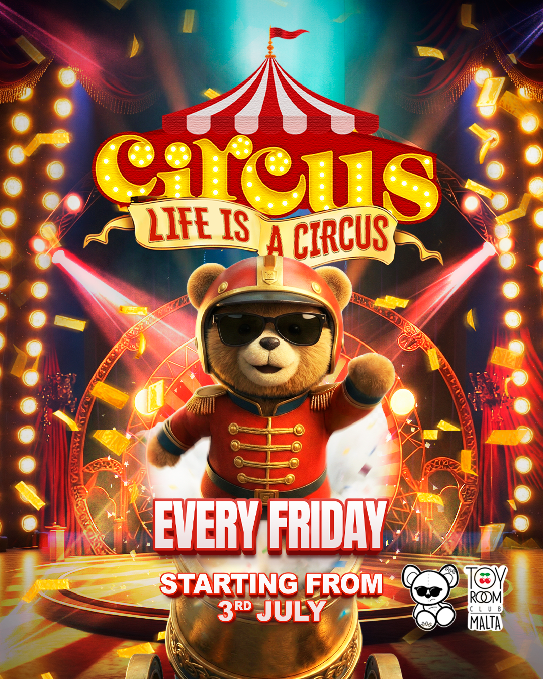 Promotional poster for a circus-themed event with a teddy bear in a costume, lights, and text.