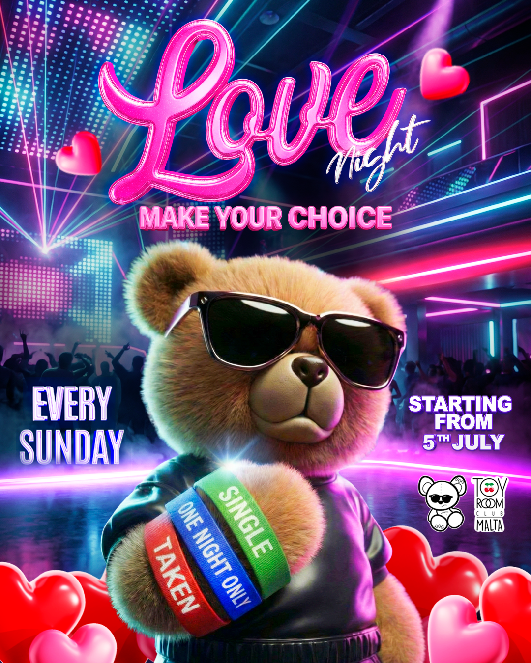 Promotional poster for a 'Love Night' event with a teddy bear wearing sunglasses and colorful bands, set against a vibrant neon background.