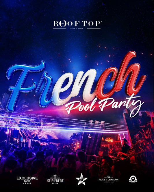 Promotional poster for a rooftop French pool party featuring text and visual elements indicative of a festive poolside event.