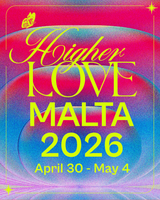 Higher Love Festival Malta 2026, April 30 to May 4, with neon pink and blue gradient design.