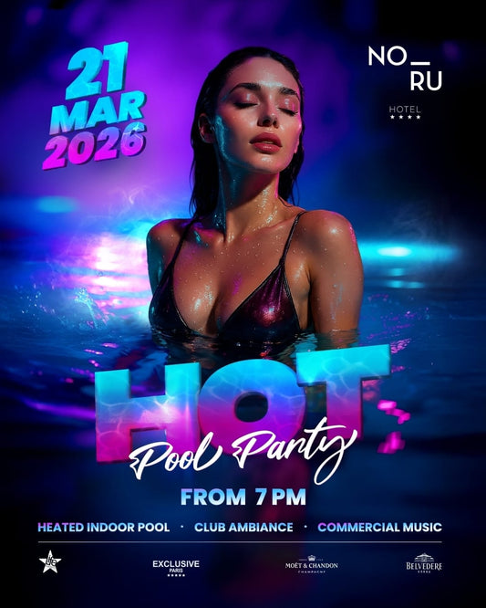 Promotional poster for a pool party with a woman in the water, featuring event details and branding.