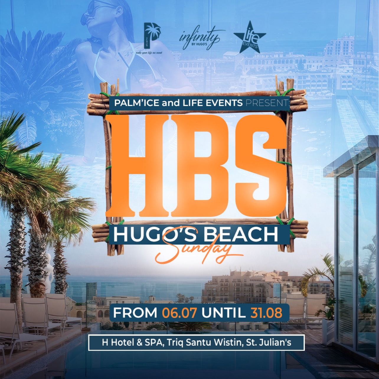 Promotional image for HUGO BEACH SUNDAY event featuring text over a background of a rooftop pool with palm trees and a cityscape.