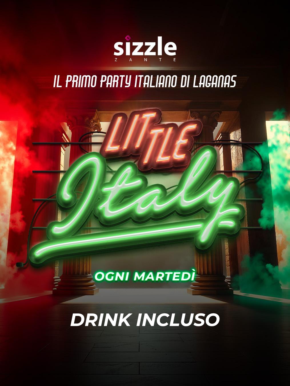 Promotional poster for 'Little Italy' event with neon sign and 'sizzle' branding.