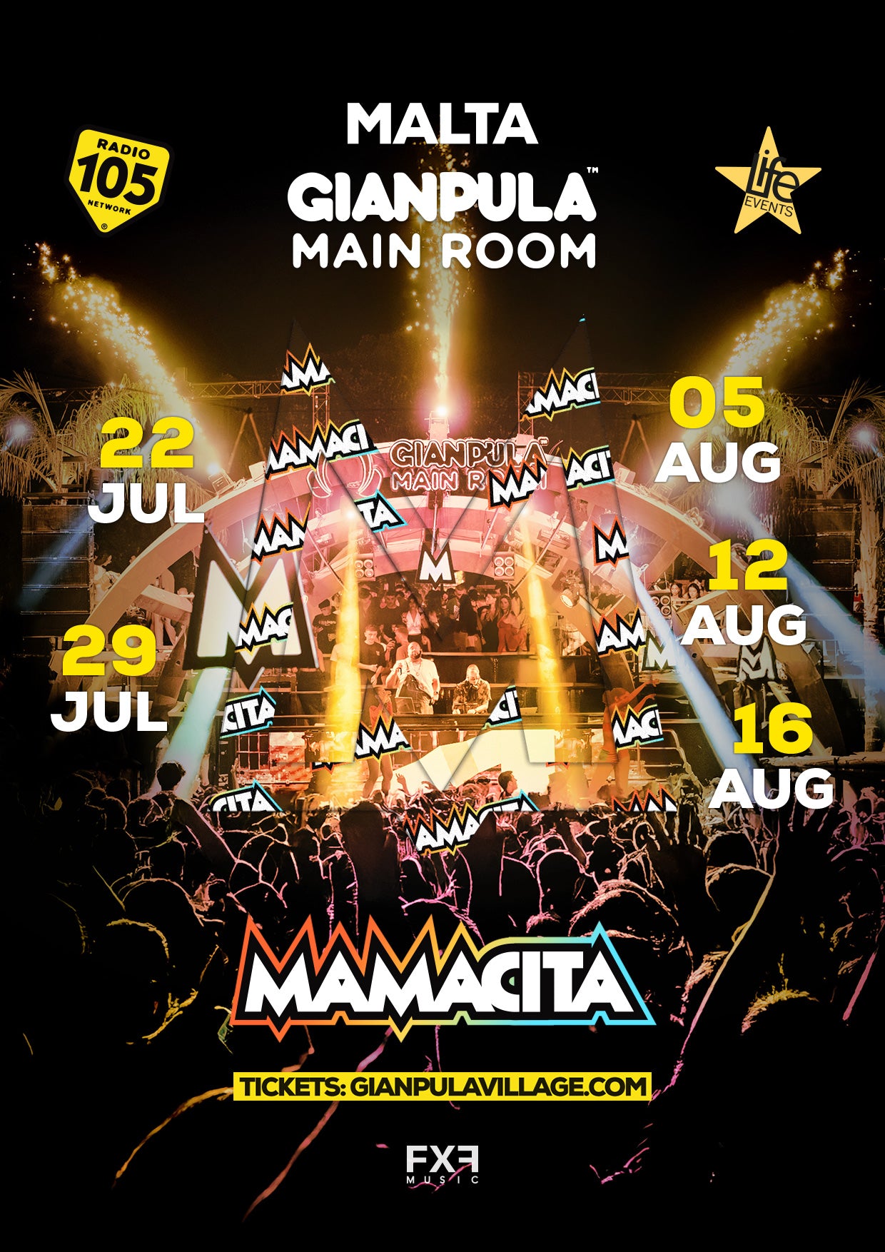 Promotional poster for MAMACITA events at Gianpula featuring dates and times with a vibrant club scene background.