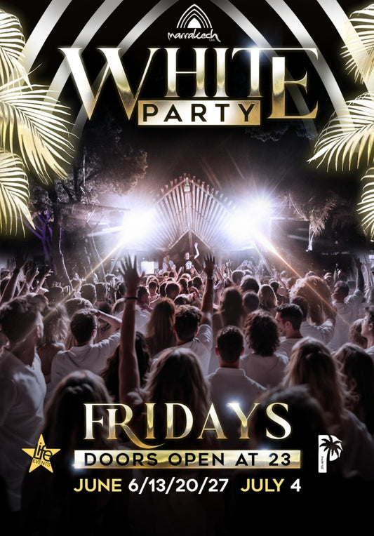 Promotional poster for the MARRAKECH WHITE PARTY featuring an crowd of people dancing with a focus on stage area, with text detailing the event name, date, and time.