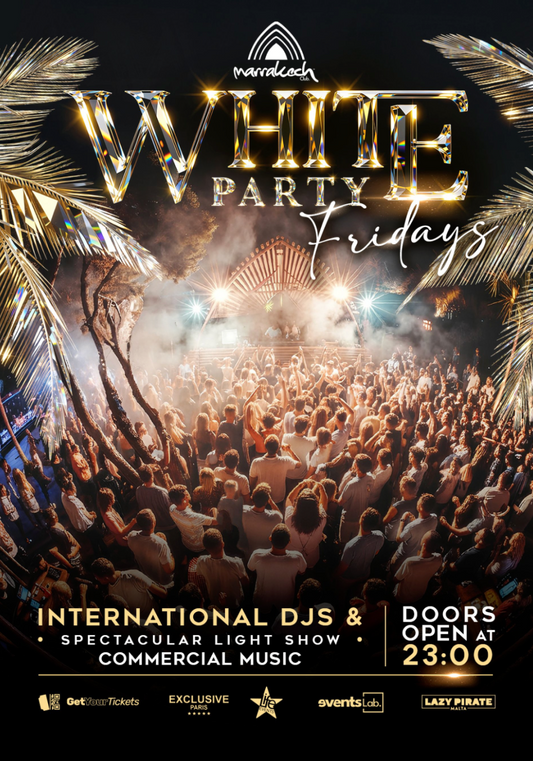 Promotional poster for 'White Party Fridays' event with crowd and stage.