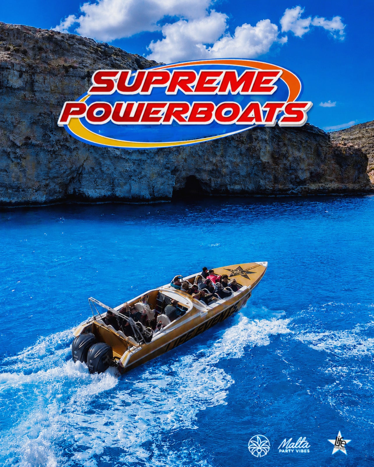 Supreme Powerboats logo with a boat in the water near cliffs