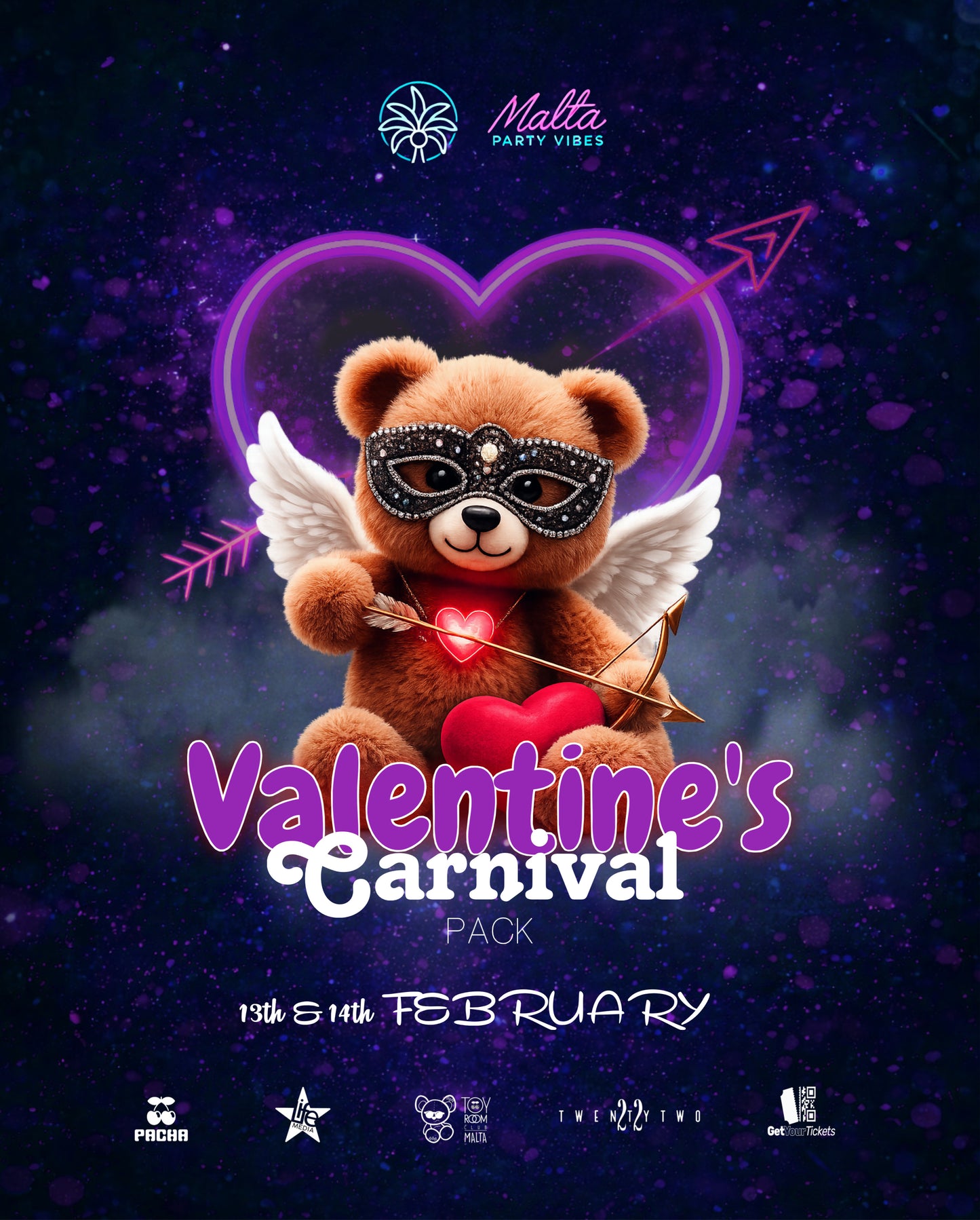 Promotional poster for Valentine's Carnival with a teddy bear holding a heart and arrow on a dark background.