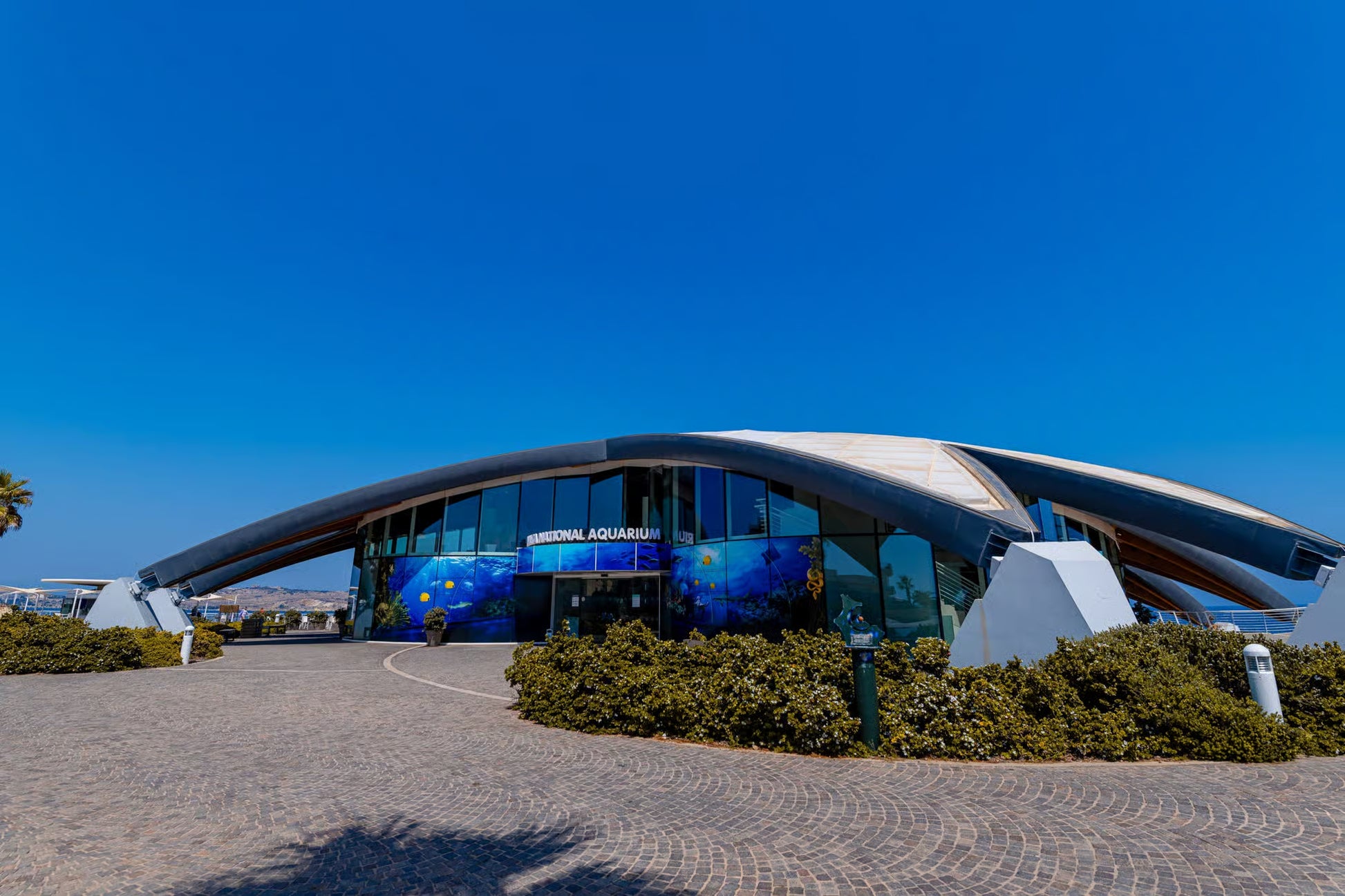 Modern building with curved design under a clear blue sky