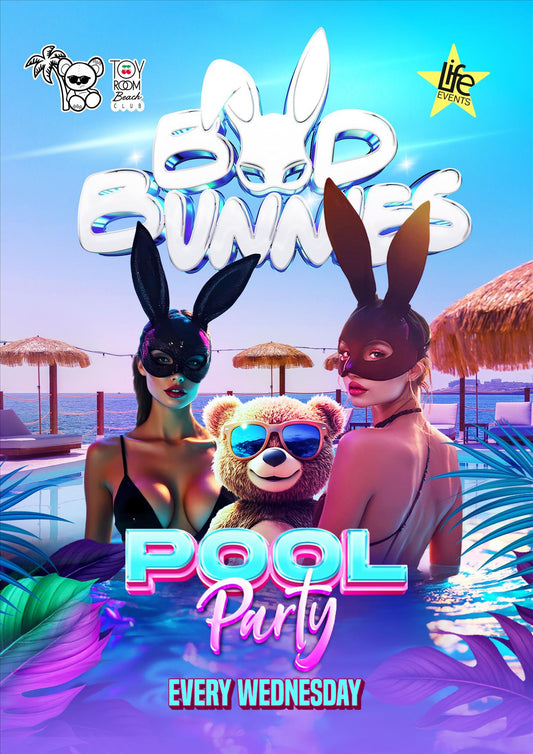 Promotional poster for BAD BUNNIES POOL PARTY featuring two individuals in bunny ears and a teddy bear, set against a poolside background with palm trees.