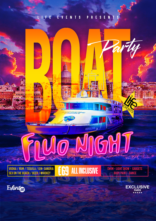 Promotional poster for FLUO NIGHT BOAT PARTY featuring vibrant neon colors, text, and a boat on the water with a cityscape in the background.
