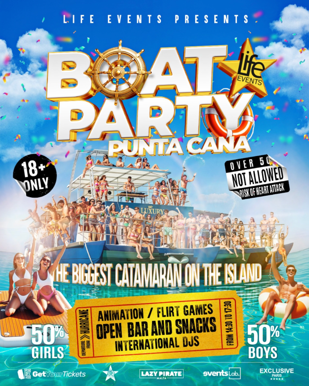 Promotional poster for a boat party in Punta Cana with people on a boat and text about the event.