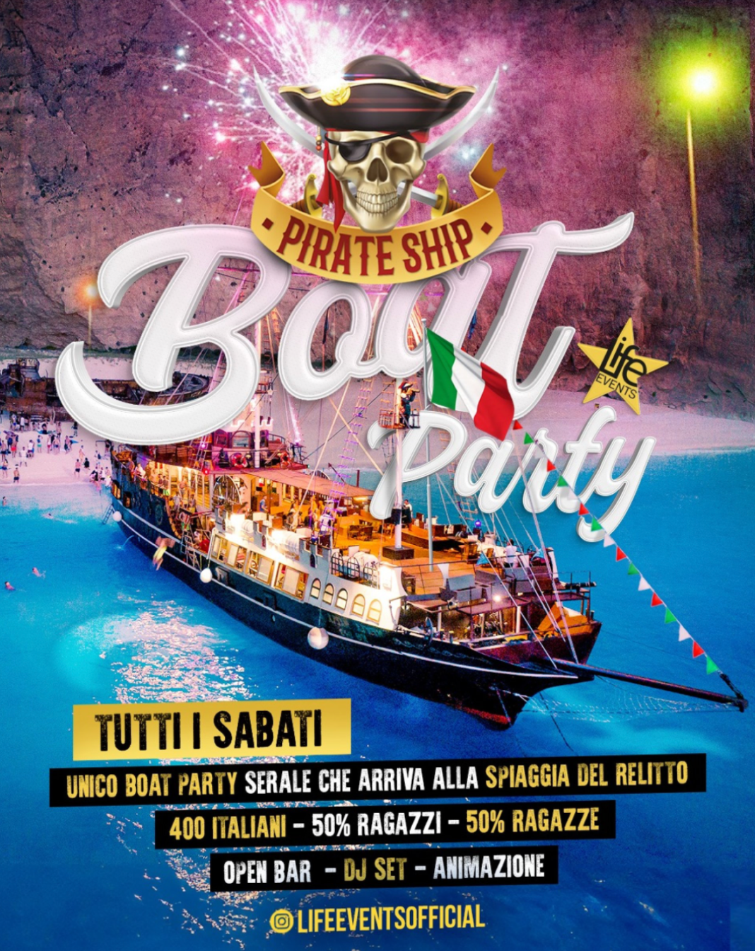 Promotional poster for a pirate-themed boat party with a ship, skull, and Italian flag.