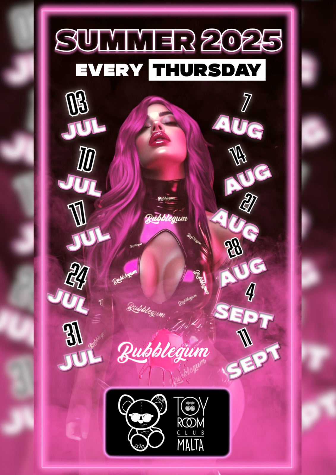 Promotional poster for a summer event featuring dates and a person with pink hair on a pink background.