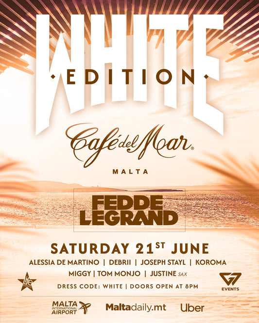 Promotional image for WHITE EDITION at Café del Mar Malta featuring a beach setting with palm trees and a setting sun, alongside text detailing the event information and lineup.