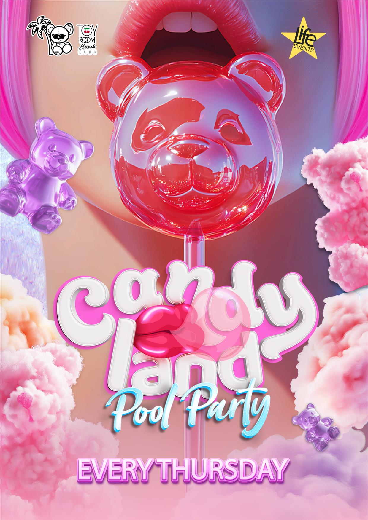 Promotional poster for Candy Land Pool Party featuring a stylized image of a lollipop with a bear character, with pink and purple color themes.