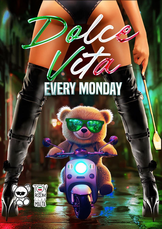A promotional image for Dolce Vita featuring a bear wearing sunglasses riding a motorcycle. The bear is stylized in a fashionable manner, and the image has a party atmosphere with text advertising 'Dolce Vita Every Monday'.
