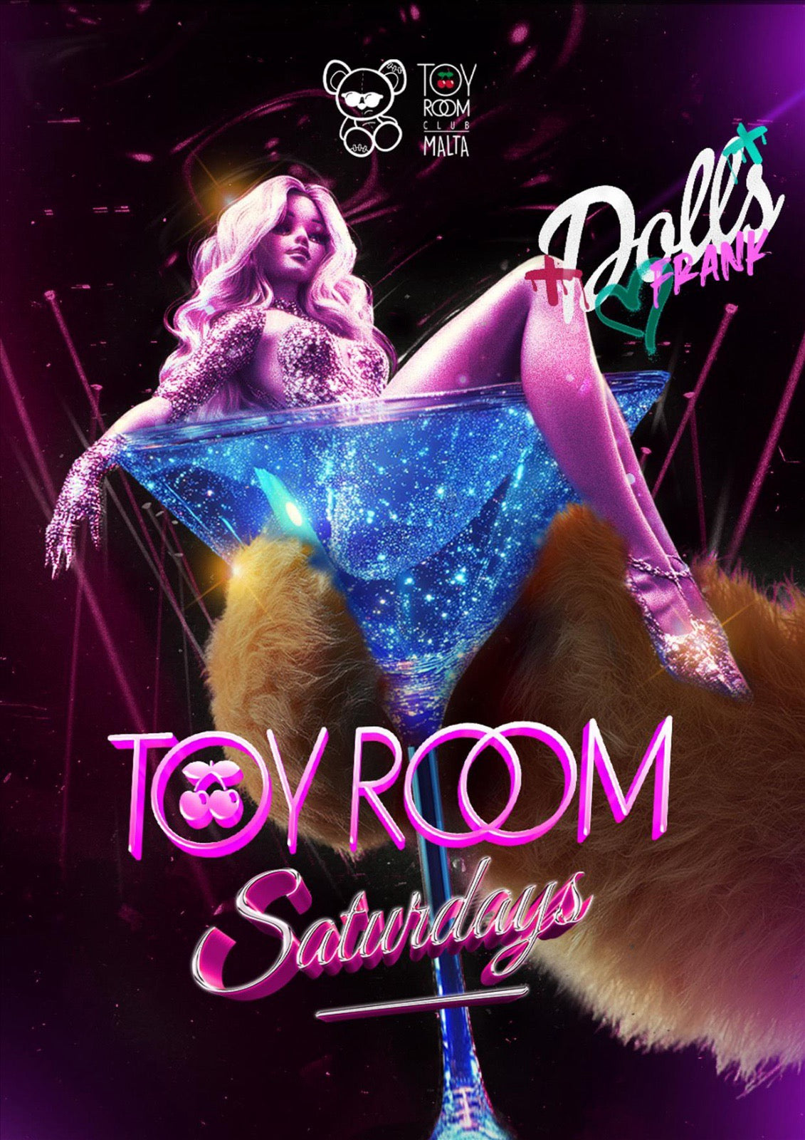 Promotional poster for Toy Room Saturdays featuring a stylized female doll sitting in a martini glass with a vibrant purple and pink color scheme, text detailing the event name, and decorative elements like stars and confetti.