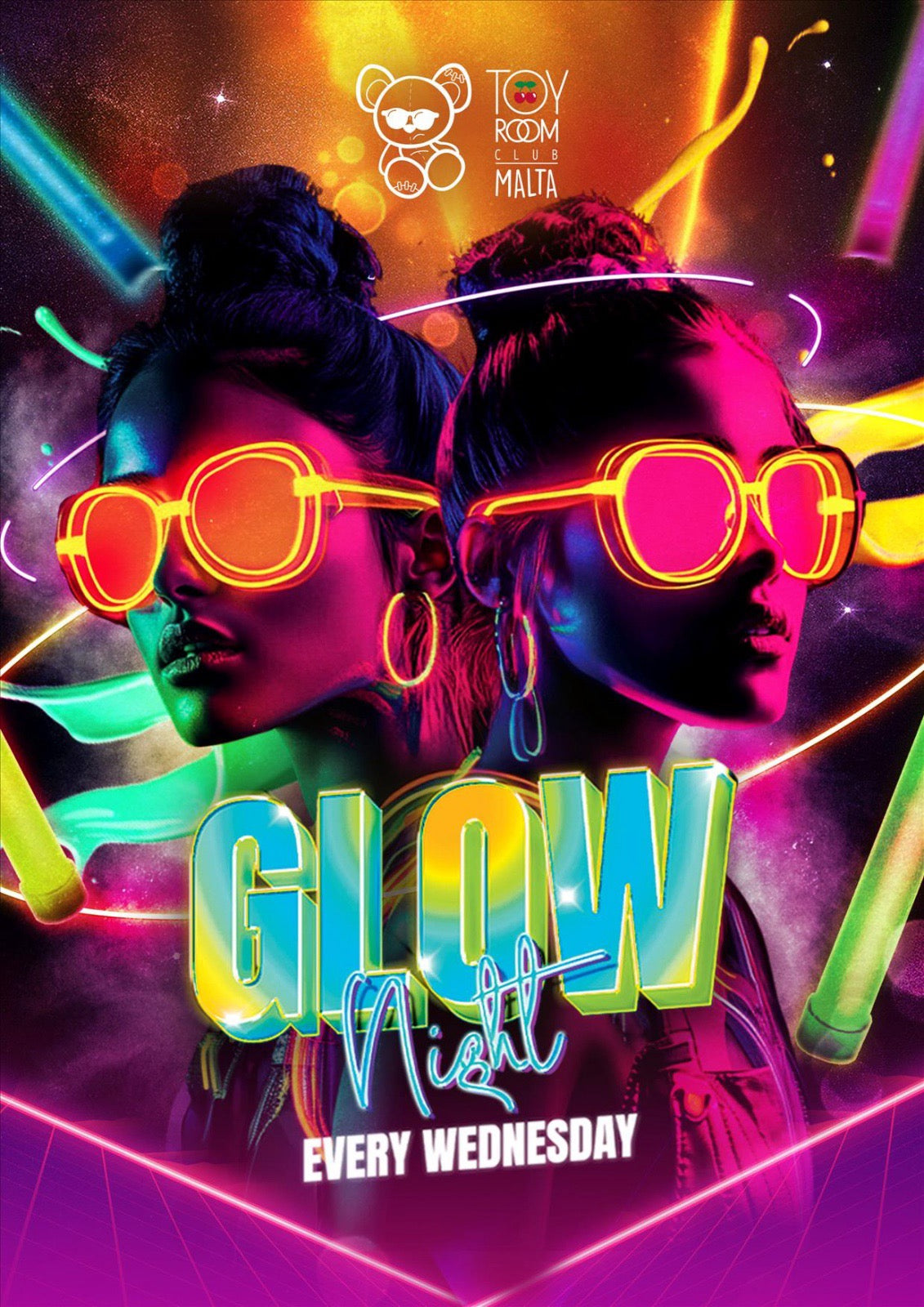 A vibrant poster for GLOW Wednesdays at Toy Room Club Malta, featuring neon colors and silhouettes of people dancing.