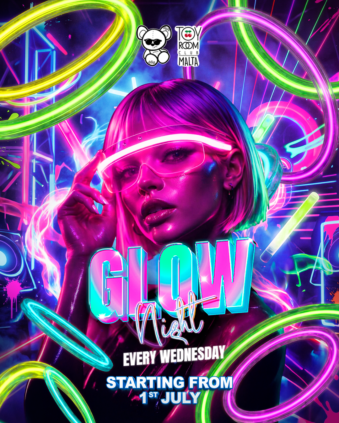Neon-themed poster for a 'Glow Night' event with colorful text and a person wearing a visor.
