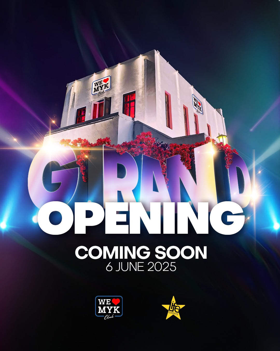 Promotional poster for a grand opening event with a building and colorful text on a dark background.